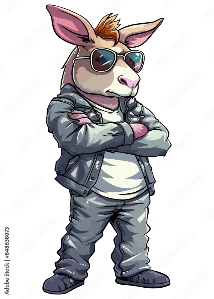 A cartoon character Kangaroo stands upright, wearing clothes, with arms crossed and aviator sunglasses A cartoon character Kangaroo stands upright, wearing clothes, with arms crossed and aviator sunglasses