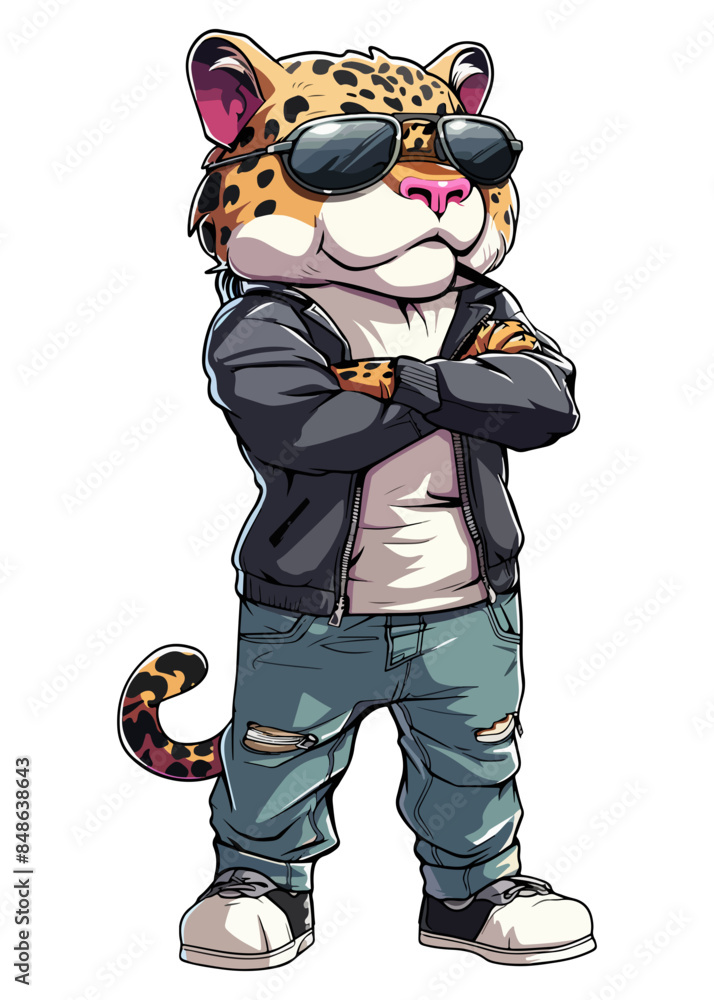 A cartoon character Leopard stands upright, wearing clothes, with arms crossed and aviator sunglasses A cartoon character Leopard stands upright, wearing clothes, with arms crossed and aviator sunglasses