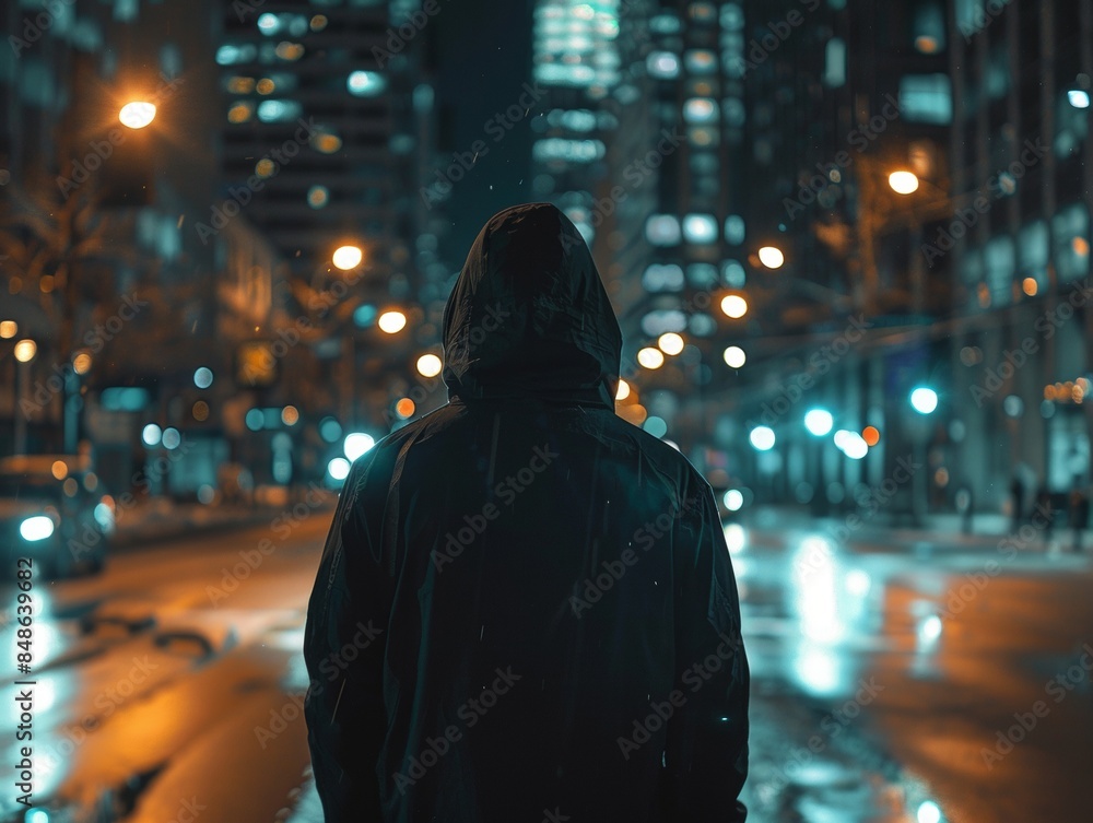 A man with a hood on his head hides his face and stands on a street of a big city at night - ai A man with a hood on his head hides his face and stands on a street of a big city at night - ai