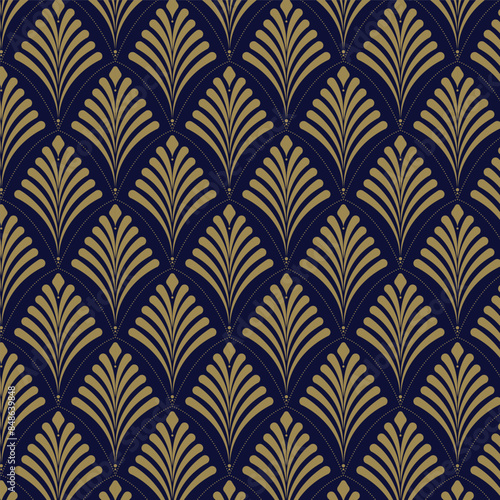 Art Deco ornament pattern background. A striking Art Deco-inspired flora pattern featuring gold lines on a rich navy background