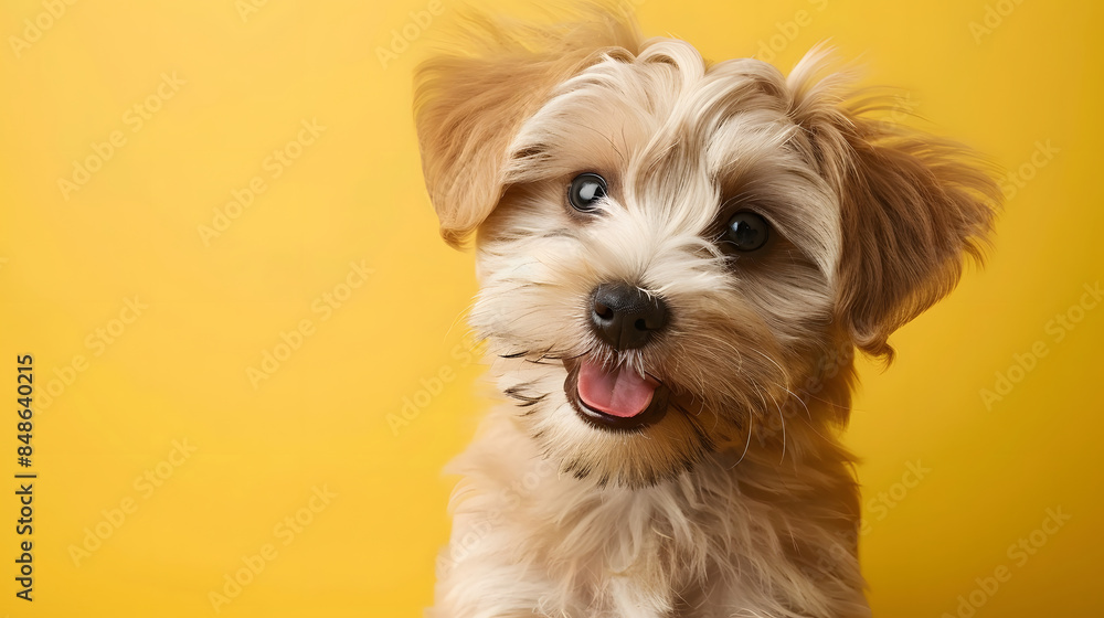 dog puppy cute looking towards camera on yellow background dog puppy cute looking towards camera on yellow background
