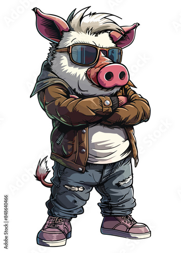 A cartoon character Wild boar stands upright, wearing clothes, with arms crossed and aviator sunglasses