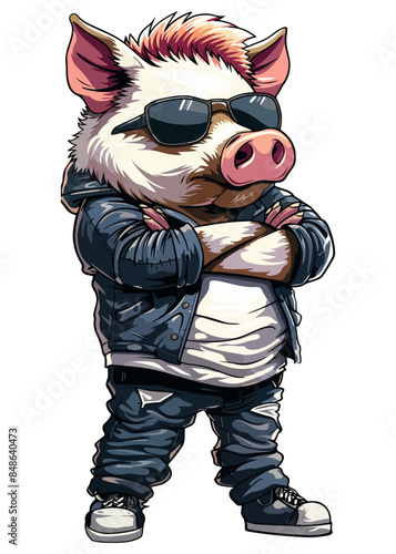 A cartoon character Wild boar stands upright, wearing clothes, with arms crossed and aviator sunglasses