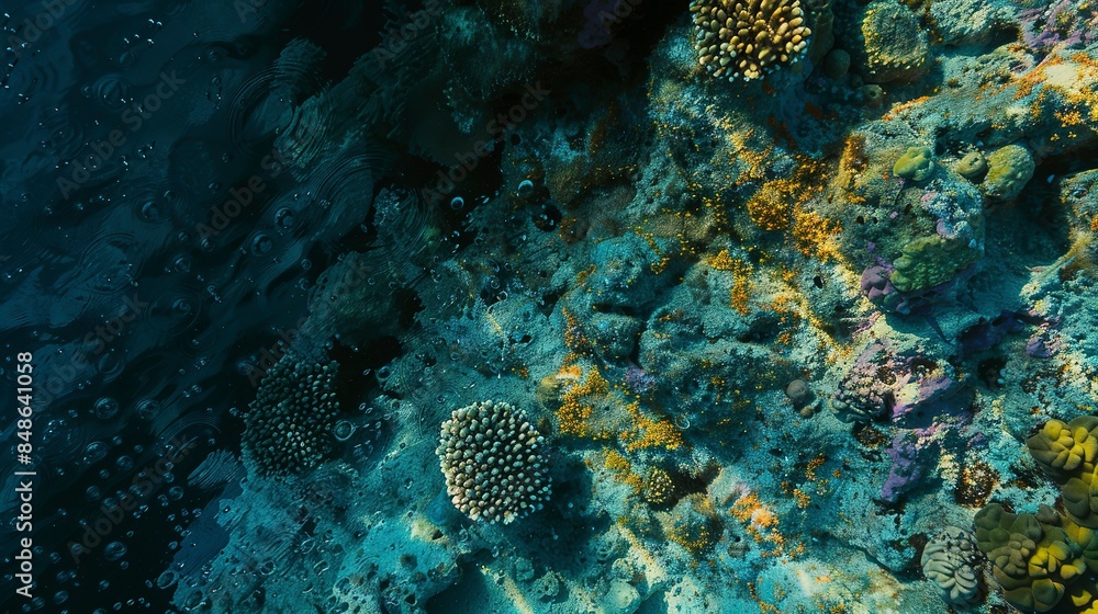 Close-up of the interplay of light and shadow on a coral reef, highlighting the textures and colors. Close-up of the interplay of light and shadow on a coral reef, highlighting the textures and colors.