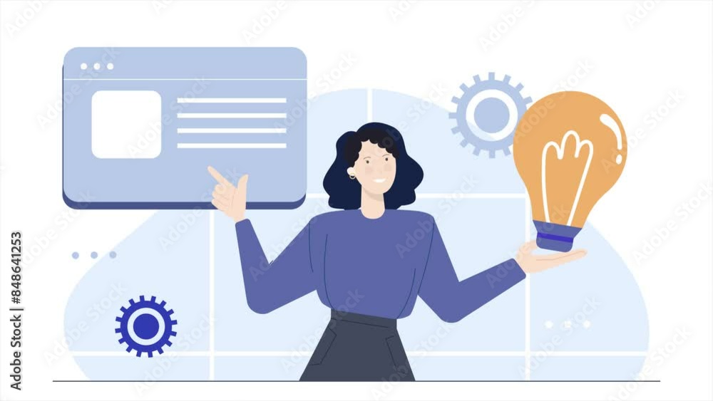 Young woman holding big glass light bulb business animated illustration video Young woman holding big glass light bulb business animated illustration video