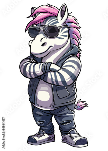 A cartoon character zebra stands upright, wearing clothes, with arms crossed and aviator sunglasses