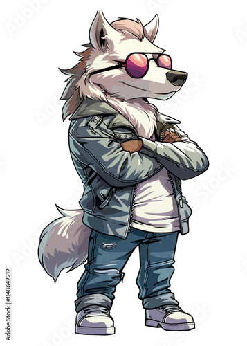 A cartoon character Wolf stands upright, wearing clothes, with arms crossed and aviator sunglasses