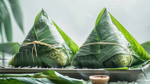 Chinese Rice Dumpling Wrapped in Leaves: Triangular Pyramid Shape in High-Definition Photography