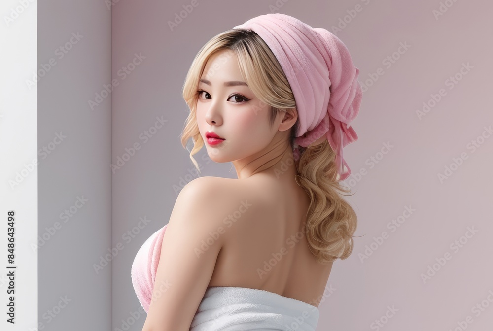 Cute woman with hair wrapped into towel beauty and spa concept Cute woman with hair wrapped into towel beauty and spa concept