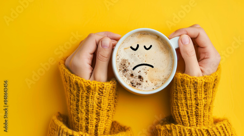 Closeup of woman hands holding coffee cup with sad face on yellow background, AI generative. photo