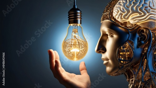 abstract design blue and grey artistic a colossal light bulb encasing a detailed human brain inviting glow thought provoking piece light bulb in the hand