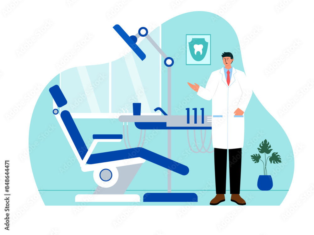 Male dentist showing his clinic. Medicine vector illustration Male dentist showing his clinic. Medicine vector illustration