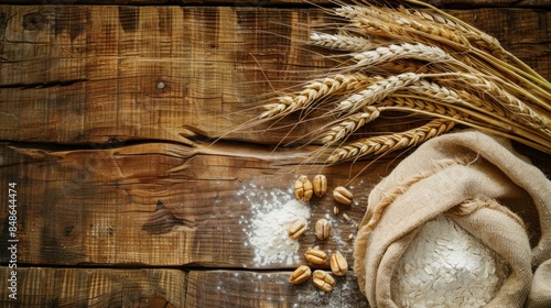 A bag of wheat is on a wooden table with some grains scattered around it