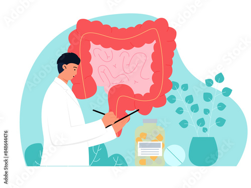 Gastroenterologist examining intestine report. Medicine vector illustration