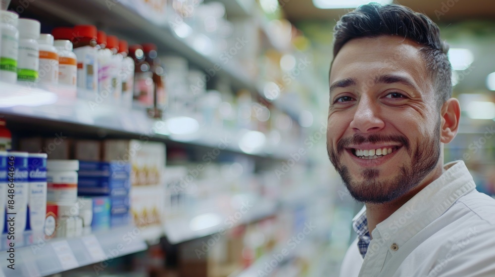 a man in a white lab coat stood in front of a shelf filled with various pharmaceutical products a man in a white lab coat stood in front of a shelf filled with various pharmaceutical products