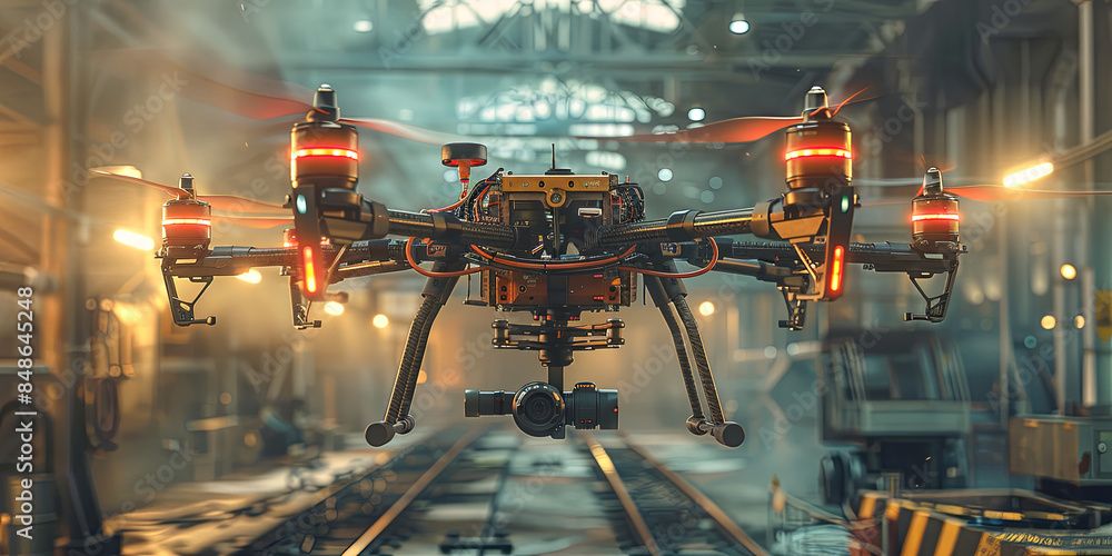 Industrial Drone Hovering in Advanced Manufacturing Facility Industrial Drone Hovering in Advanced Manufacturing Facility
