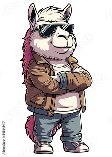 A cartoon character Llama stands upright, wearing clothes, with arms crossed and aviator sunglasses