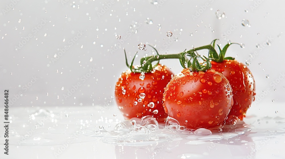 Tomato cut into 4 pieces flying through the air with a splash, showcasing explosive liquid and water translucency, set against a clean background with light and shadow play. Tomato cut into 4 pieces flying through the air with a splash, showcasing explosive liquid and water translucency, set against a clean background with light and shadow play.