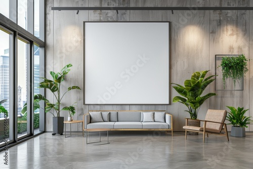Mockup of blank wall with poster in office room created with Generative AI © dendyh7