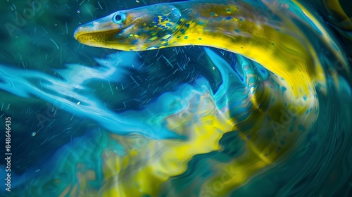 Electric eel in full motion, close-up, glowing textures of blues and yellows, underwater action, no humans  photo
