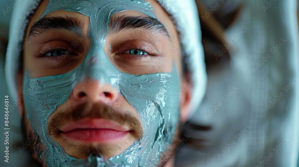 Closeup Portrait of a Man with Facial Mask in Spa Salon Closeup Portrait of a Man with Facial Mask in Spa Salon