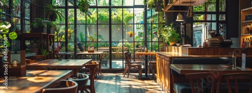 cozy and inviting restaurant interior with wooden tables, chairs, and leather sofas arranged in an open space