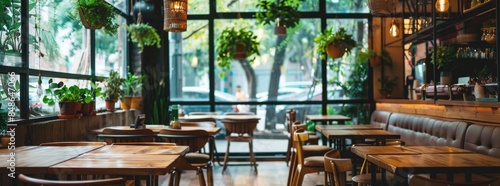 cozy and inviting restaurant interior with wooden tables, chairs, and leather sofas arranged in an open space