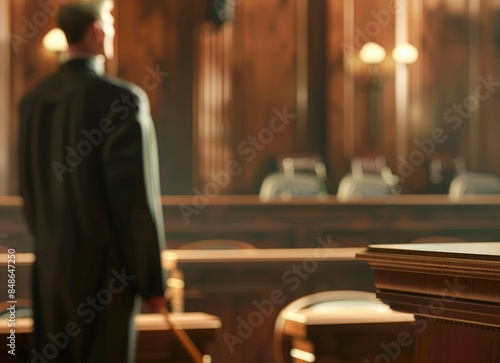 A lawyer stands before a judge's bench with a scale of justice.