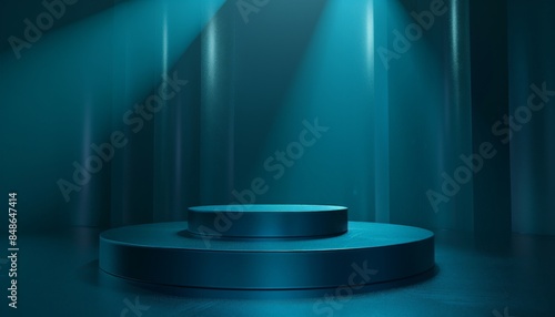 A minimalist blue podium with spotlights, perfect for showcasing products or branding.