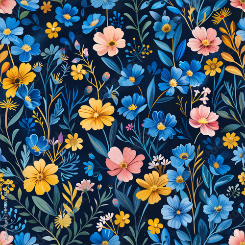  vintage floral pattern of many color flowers