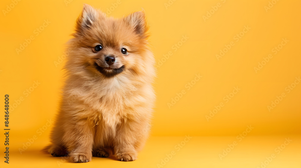 Obraz premium dog puppy cute looking towards camera on yellow background