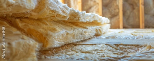 Close-up of fiberglass insulation in a wooden frame. photo