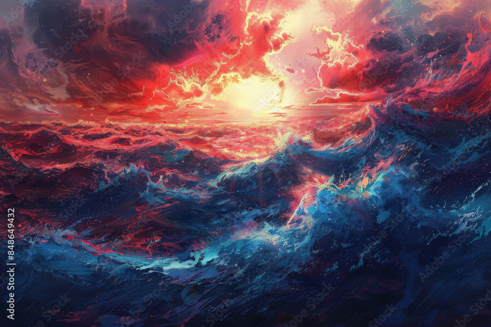 vibrant red and blue illustration big storm in ocean painting.ai generative vibrant red and blue illustration big storm in ocean painting.ai generative