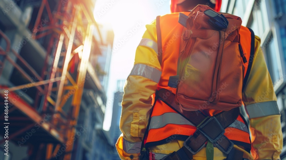 Obraz premium Construction worker in safety vest and harness stands on site, looking towards the sunlit sky.