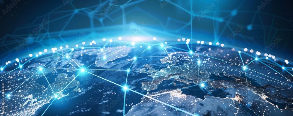 Fototapeta premium Global network connection concept with glowing lines and dots over world map.