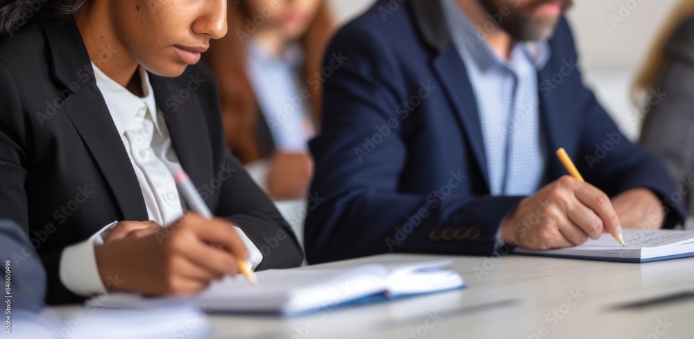 Two business people taking notes during a meeting. Two business people taking notes during a meeting.