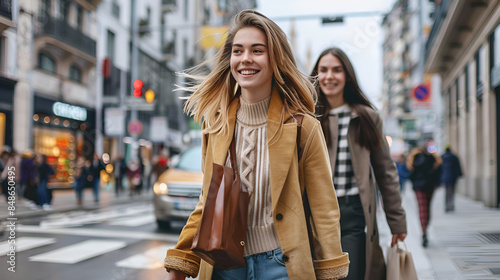 Happy Young Women Crossing the Street While Shopping