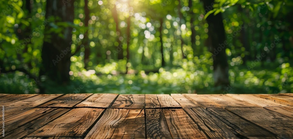 Wooden table in a forest setting with blurred green trees. Wooden table in a forest setting with blurred green trees.