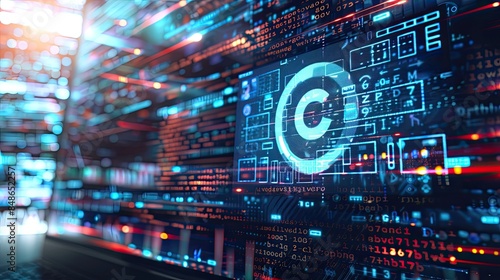 Digital Copyright Protection Concept with Computer Screen Displaying © Symbol on Light Background photo