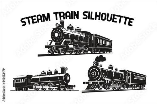 
Old Steam locomotive set. vintage train vector Bundle illustration. silhouette of the old train. vintage steam locomotive Bundle.