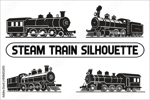 
Old Steam locomotive set. vintage train vector Bundle illustration. silhouette of the old train. vintage steam locomotive Bundle.