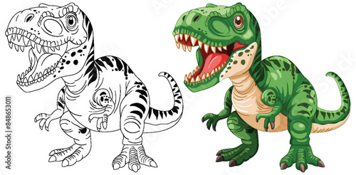 Green dinosaur with outline version side by side