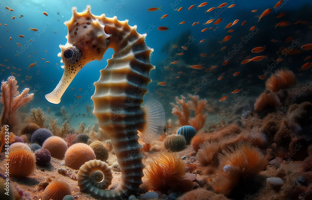 A seahorse swimming on a coral reef A seahorse swimming on a coral reef