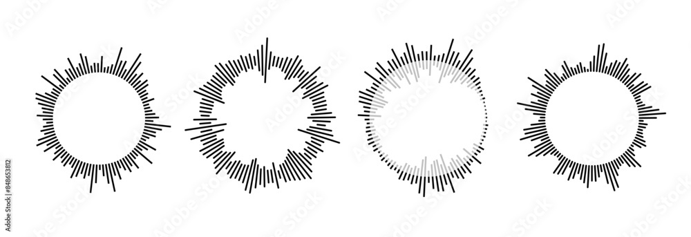 Radial sound wave pattern set. Circular audio, music or voice icon collection. Round wavy equalizer spectrum symbol pack. Black circle sunburst bundle. Vector soundwave element illustration Radial sound wave pattern set. Circular audio, music or voice icon collection. Round wavy equalizer spectrum symbol pack. Black circle sunburst bundle. Vector soundwave element illustration