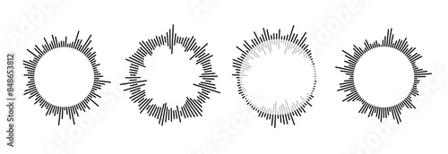 Radial sound wave pattern set. Circular audio, music or voice icon collection. Round wavy equalizer spectrum symbol pack. Black circle sunburst bundle. Vector soundwave element illustration