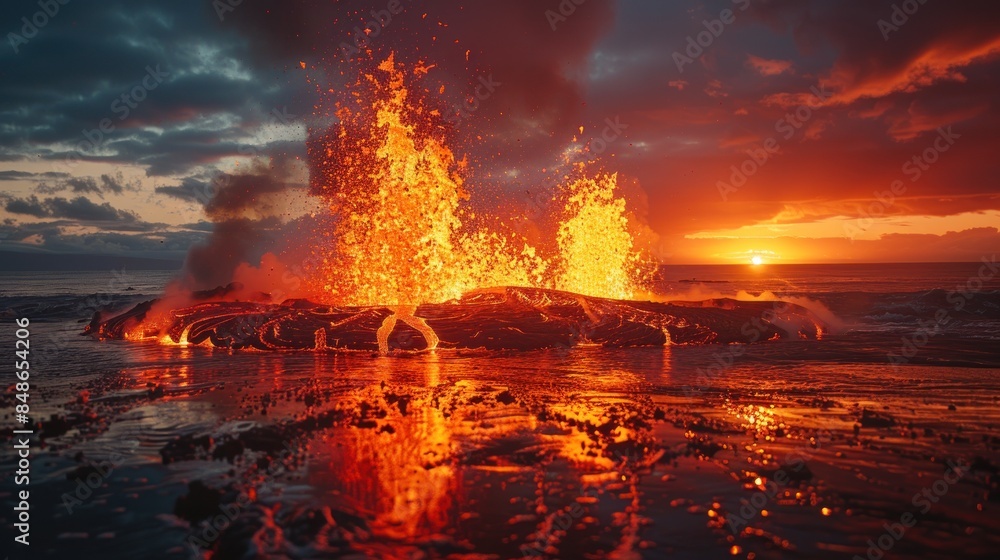 Lava Flowing into the Ocean at Sunset Lava Flowing into the Ocean at Sunset