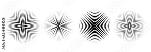 Black concentric circle set. Sonar or sound wave ring collection. Halftone and linear epicentre, target, radar icon concept. Ripple radial signal or vibration elements. Vector line and dotted symbols