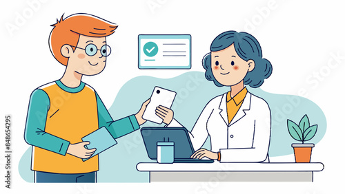 A medical receptionist collects medical expenses from the patient's guardian.