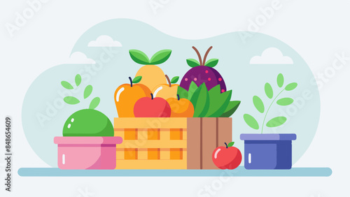 Fruits in a basket and boxes vector svg photo