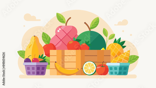 Fruits in a basket and boxes vector svg